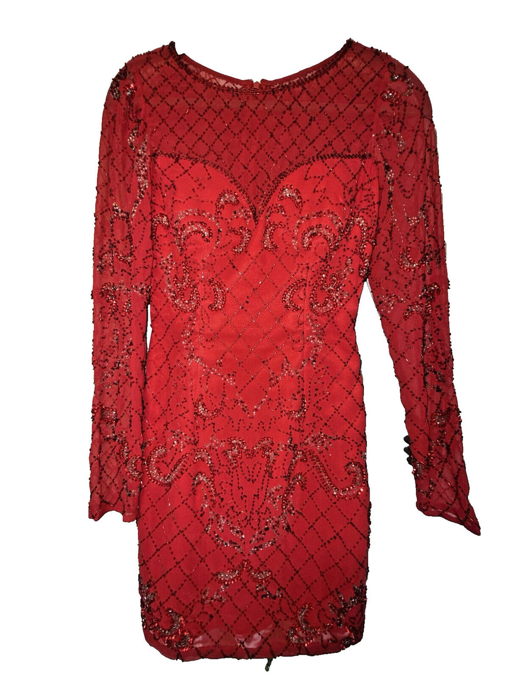 Shail K Formal Party Beaded Red Long sleeved Mini Dress Sz 0